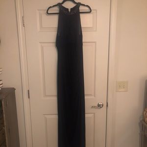Long, navy, blue, formal dress with a slit